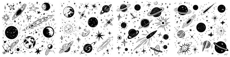 Wall Mural - black and white cosmic illustration featuring planets, stars, and rockets across a whimsical celesti