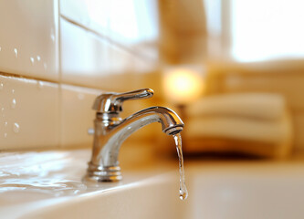 Wall Mural - water flows out of an uncovered tap, the problem of preserving and saving clean water, selective focus