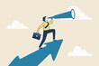 © MDMASUD - Business opportunity or investment and market prediction, future growth or career development vision, profit and earning forecast concept, businessman climb up rising arrow with big telescope spyglass