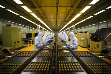 Fototapete - Technicians working on microchip production line in high tech factory