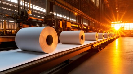 Poster - Steel Rolls Processing in a Modern Industrial Factory at Sunset
