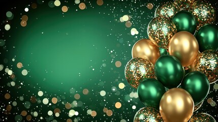 Wall Mural - Festive green and gold balloons with sparkling bokeh background celebration