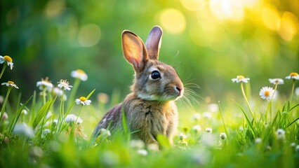 Wall Mural - A bunny sitting on a lush green grass blade with its legs folded and ears perked up in a relaxed posture, surrounded by wildflowers in a serene meadow landscape , wildlife, farm