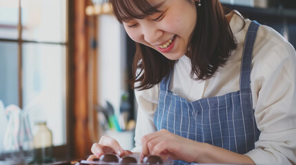 Poster - バレンタインデーに向けてチョコレートを箱に詰める若い日本人女性