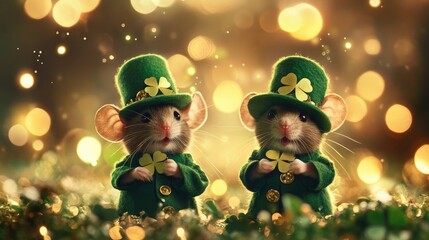 Two adorable mice dressed in festive green leprechaun hats and coats, surrounded by four-leaf clovers on a bokeh background of gold and green