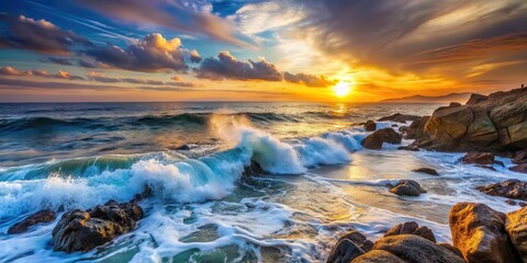 Wall Mural - Serene ocean waves crashing against a rocky coastline at sunset, ocean, horizon,  ocean, horizon, rock, time, coastline, water, shore