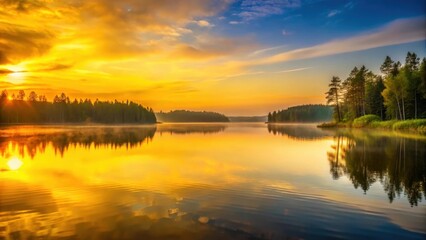 Wall Mural - Sunset over a calm lake with a yellow gradient transparent background, natural beauty, forest,  natural beauty, forest