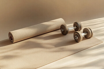 Yoga mat and dumbbells in beige colors. Fitness, wellness and home work out concept. High angle view with copy space