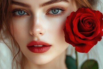 Sticker - Close up of Woman with Red Rose and Striking Blue Eyes