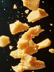 Wall Mural - A close up of a pile of cheese crumbs. The crumbs are scattered all over the image, with some falling to the left, some to the right, and some in the middle. The image has a playful