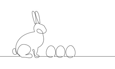 Wall Mural - Continuous One Line Drawing of Easter Bunny with Eggs. Easter Rabbit in Simple Linear Style for Spring Minimalist Design. Editable Stroke. Doodle Vector Illustration for Easter Greeting Card