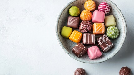 Wall Mural - A bowl of colorful candy-coated chocolates, placed on a clean white surface. picture