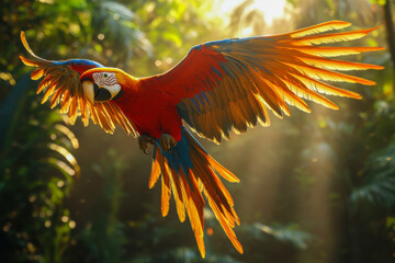 A vibrant macaw flying through a dense jungle with sunlight filtering through