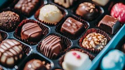 Wall Mural - A box of handcrafted chocolates arranged neatly on a display table. picture