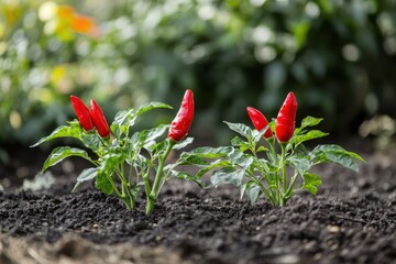 Wall Mural - Red chili peppers growing in garden bed, outdoor, blurred background, food