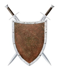 Wall Mural - brown shield with two crossed swords isolated on white