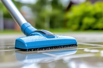 A close-up of a blue cleaning tool on a shiny tiled surface, surrounded by greenery, highlighting effective outdoor maintenance.