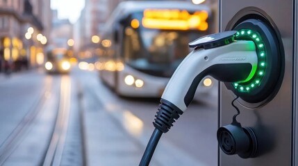 a close-up of an electric vehicle charger, with a bus in the background, highlighting the transition