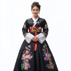 Wall Mural - A beautiful woman wearing an elegant black hanbok with colorful floral patterns, white sleeves, and a red belt, in a traditional Korean hairstyle.