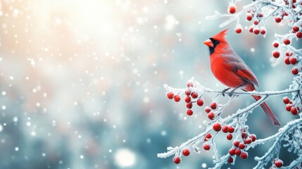 Wall Mural - bright cardinal perched on frosty branch in serene winter landscape
