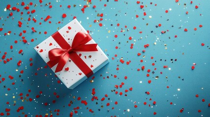 Wall Mural - Festively wrapped gift box adorned with hearts and confetti