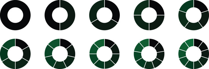 Set of infographic circle chart, pies segmented with equal parts. Infographic wheel segment. Circle section graph, Pie chart round. Pie chart divided 1, 2, 3, 4, 5, 6, 7, 8, 9, 10 equal parts