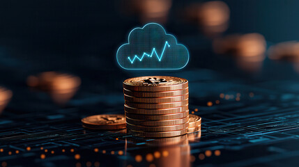 Poster - Digital currency stack with cloud and growth chart, symbolizing finance