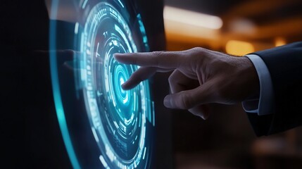 A Business Hand Interacting with a Touchscreen Display with Futuristic Technology