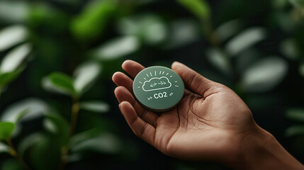 Poster - hand holding green circular object with CO2 symbol, surrounded by lush green leaves, symbolizes environmental awareness and sustainability