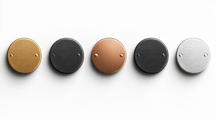 Poster - High resolution image featuring five metal circular buttons in various finishes, including gold, copper, black, and silver, showcasing modern design aesthetic