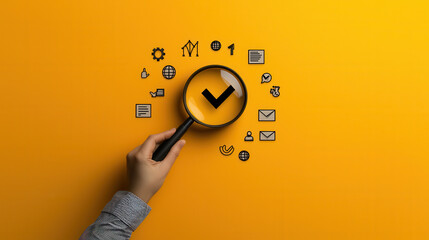 Fototapete - hand holding magnifying glass over yellow background with various icons, including check mark, gears, and communication symbols, representing analysis and verification
