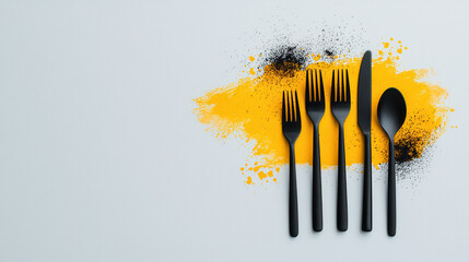 Leinwandbilder - Minimalist arrangement of black cutlery including forks, knife, and spoon on light background with vibrant yellow splash. Perfect for modern dining aesthetics