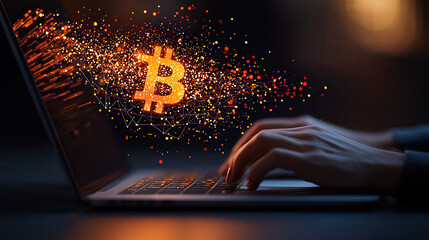 Poster - Hands typing on laptop with glowing Bitcoin symbol and digital particles, representing cryptocurrency and technology. scene conveys innovation and finance