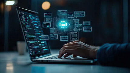 Fototapete - person hand typing on laptop with digital data overlay, symbolizing technology and innovation. scene conveys sense of focus and modernity