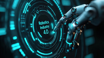 Aufkleber - Robotic arm interacting with digital interface displaying Robotics Industry 4.0, showcasing advanced technology and automation in modern industry