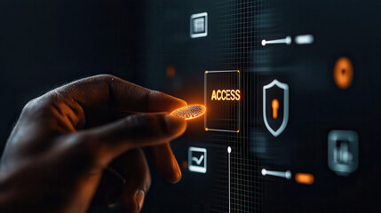 Fototapete - Hand touching digital access button on futuristic interface, symbolizing security and technology. glowing elements enhance modern feel of digital interaction