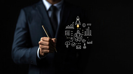 Fototapete - businessman in suit holding pen, illustrating digital business concepts with graphics. image conveys innovation and professionalism in modern setting