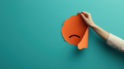 Fototapete - hand peeling back orange paper to reveal sad face on turquoise background, symbolizing emotions and expression