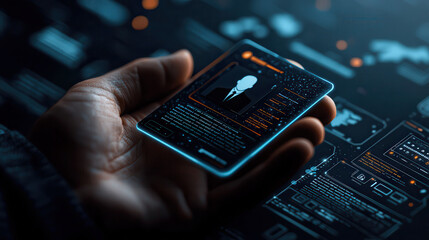Fototapete - person holding futuristic digital ID card with glowing elements, showcasing advanced technology and data visualization. background features high tech interface with various digital displays