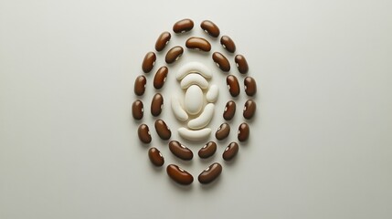 Array of differently shaped bean seeds arranged in a spiral pattern on a light grey background