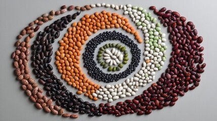 Array of differently shaped bean seeds arranged in a spiral pattern on a light grey background