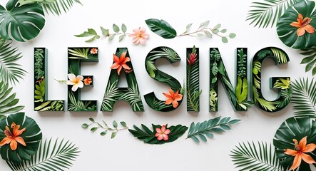 Wall Mural - leasing lettering with tropical plants leaves and flowers design on plain white background