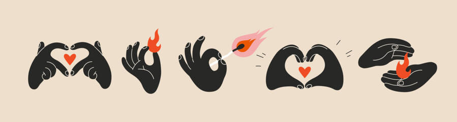 hands gestures set, black and red colors. gesturing human arms holding fire and match, making heart 