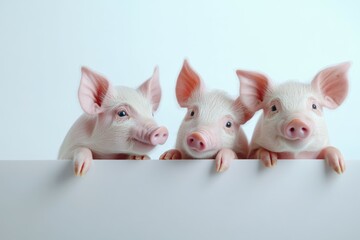 A cute group of mini pigs curiously peek over a white table. Their small snouts and bright eyes explore the world with charming inquisitiveness, perfect for animal lovers.