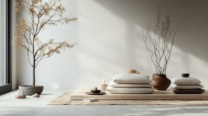 Aufkleber - Tranquil minimalist meditation setup serene space interior design soft neutral tones peaceful environment zen concept