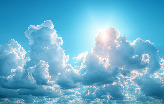 Blue sky with white clouds. White clouds on a blue background. A summer day, with clear weather. A sky banner, in a wide format. Dimensions.