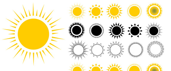 sun icon set. yellow sun icons. shine sun ray set. sunset icon collection. yellow sun star icons vec