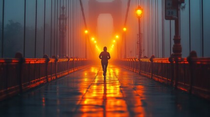 Runner crossing foggy bridge at night