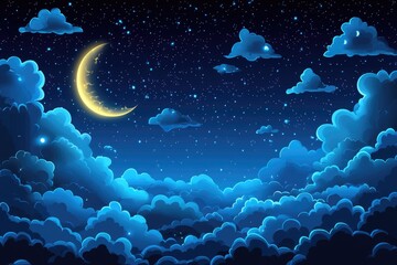 Wall Mural - Crescent moon shining over fluffy clouds in starry night sky