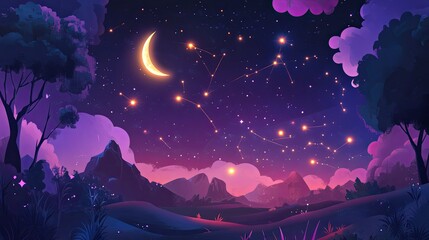Wall Mural - a magical night sky filled with glowing constellations and a bright crescent moon. picture